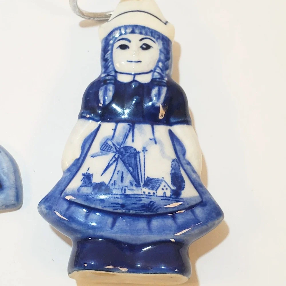 2 Delft Blue and White Holland Ceramic Christmas Tree Ornaments Holly Dutch Girl